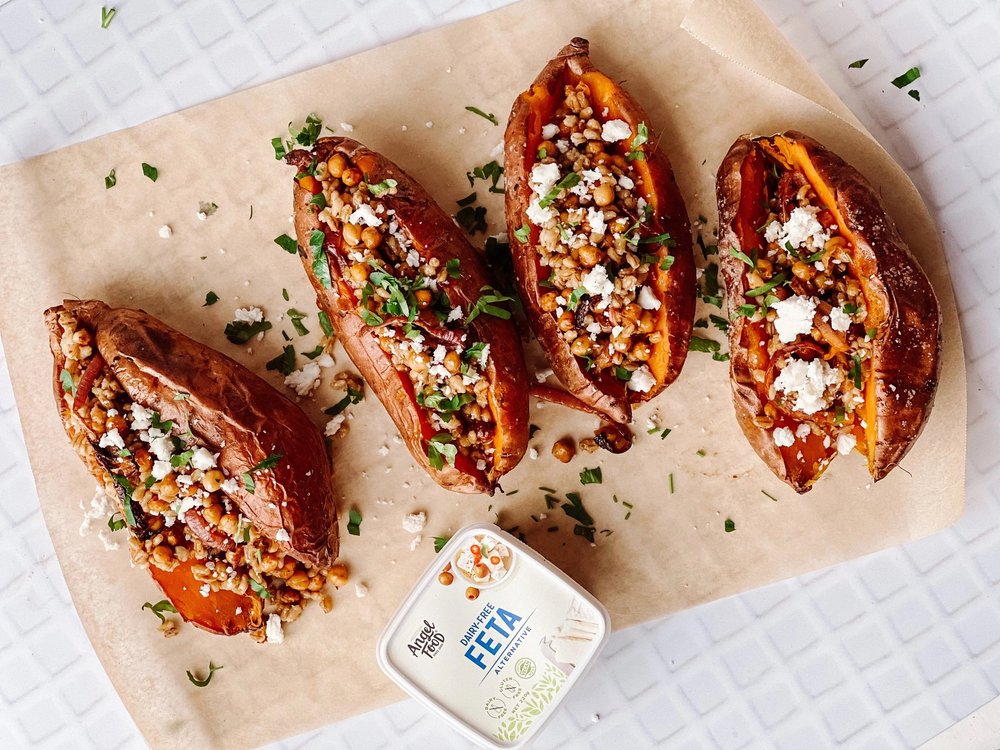 Roasted Harissa Chickpeas & Barley Stuffed Kumara